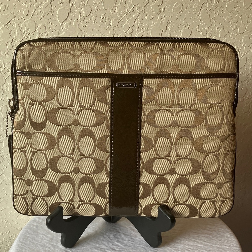 Coach: Signature Khaki Brown Padded IPad/E-Reader Bag- Pockets- Silver Tone